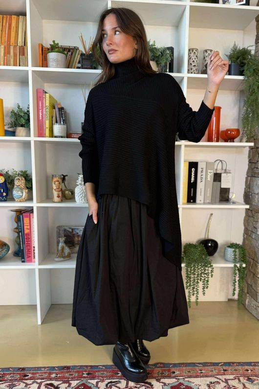 Bowie Asymmetric Turtle Neck Ribby Knit Black